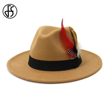 FS Fedora Şapka Kadın Geniş Ağız Keçe Yün Şapka Tüy Şerit Dekor Erkekler Için Kış Sonbahar Kilise Panama Sombrero Caz Kap Vintage