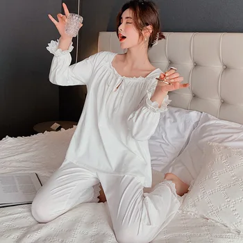 Ilkbahar Ve Sonbahar Fransız Retro Saray Uzun Kollu Gevşek Sevimli Prenses Pijama Seti Ev Hizmeti kadın Pamuklu Pijama