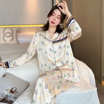 Bej Pijama Kadın İlkbahar Yaz Gecelik Saten Pijama Pijama Takım Elbise Uzun Kollu Pantolon Baskı Kıyafeti Rahat Ev Giysileri