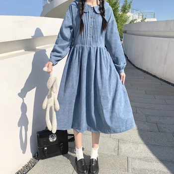 Japon Tarzı Bebek Yaka Uzun Kollu Elbise Kadınlar için Bahar Yeni Tiki Tarzı Gevşek Zayıflama Midi Elbise lolita elbise