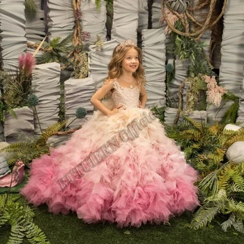 Cappuccino Allık Pembe Dantel tüllü çiçekli kız elbisesi Inci Balo Bebek Kız Doğum Günü Pageant Düğün parti giysileri Özelleştirilmiş