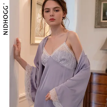 Sonbahar Seksi Sling Etek Dantel Elbise Setleri Katı Uzun Kollu Bayan 2 Parça Uyku Seti Elbise ve Gecelik Saten gece elbisesi Pijama