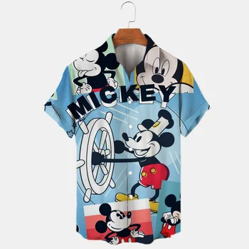 Yeni Disney erkek gömleği erkek Mickey Parodi Rahat Bir Düğme Gömlek Mickey Mouse 3D Baskı Kısa Kollu Plaj Gömlek Üst Camicias