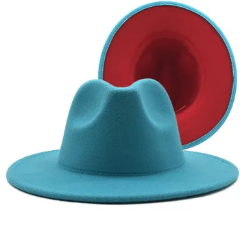 Basit Kadın Erkek Dış Göl Mavi İç Kırmızı Yün Keçe Caz İki Ton Fedora Şapka Vintage İngiliz Tarzı Geniş Brim Panama Kap