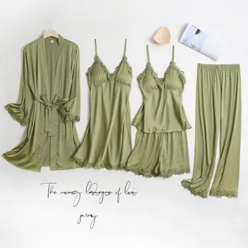 5 ADET Kadın Pijama Seti Sahte Ipek Saten Elbise Gecelik Yeşil Seksi Pijama Pijama Takım Elbise Bahar Yaz Pijama Femme Dökün Gecelik