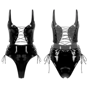 Siyah deri Bodysuit seksi ıç çamaşırı sıcak erotik kostümleri kadın ıslak bak PU deri dantel-up Leotard Catsuit tulum Clubwear