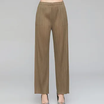 Pantolon Kadınlar İçin 45-75kg Bahar Düz Renk Elastik Bel Miyake Pilili Rahat Gevşek Düz Pantolon Tam Boy