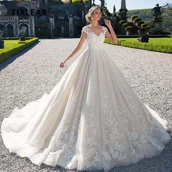 TİXLEAR Vintage Sevgiliye Boyun Balo Cap Sleeve Prenses düğün elbisesi Gelin Aplikler Şapel Tren düğün elbisesi Ismarlama