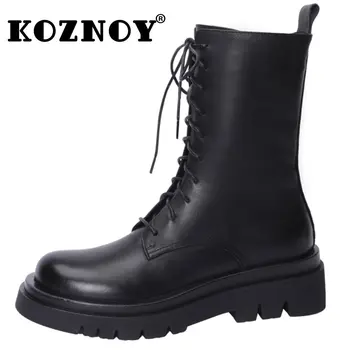 Koznoy 5 cm Inek Hakiki Deri savaş botu Yüksek Üst Sonbahar kış sıcak Kadın ZİP Kadın Platformu Ayak Bileği Orta Buzağı Patik Ayakkabı
