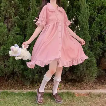 Kawaii Lolita Elbise Yaz Japon Tarzı yumuşak kız sevimli mantar Peter Pan yaka kabarcık kısa kollu fırfır elbise kadın