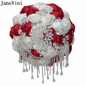 JaneVini Lüks Bling Boncuklu Püskül Bordo Çiçekler Gelin Buketleri Yapay Saten Güller Düğün Broş Buket Aksesuarları