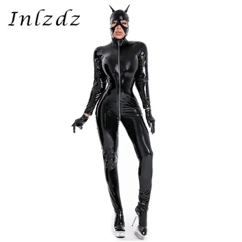 Seksi bayan ıslak bak Patent deri erotik Bodystocking Catsuit parti kulübü kutup dans kostüm fermuar kasık Bodysuit ile maske