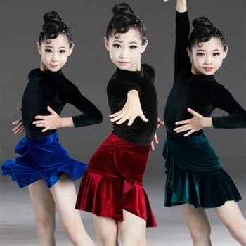 Yeni kadife Latin Dans setleri Kızlar İçin Çocuk Salsa Tango Balo Salonu Dans Elbise Yarışması Kostüm Çocuklar Uygulama Dans Elbise