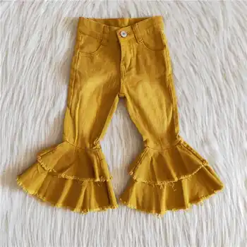 Sevimli Yürümeye Başlayan Çamaşır Suyu Sarı Çift Fırfır Çocuk Denim Elbise Moda Bebek Kız Katı Çan Pantolon Giysiler Bahar Çocuk Kot