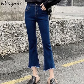 Flare Kot Bayan Bahar Ayak Bileği uzunlukta Şık Basit Günlük Rahat Yüksek Bel Kot Katı Kore Tarzı Cep Giysileri Yeni Tüm Maç
